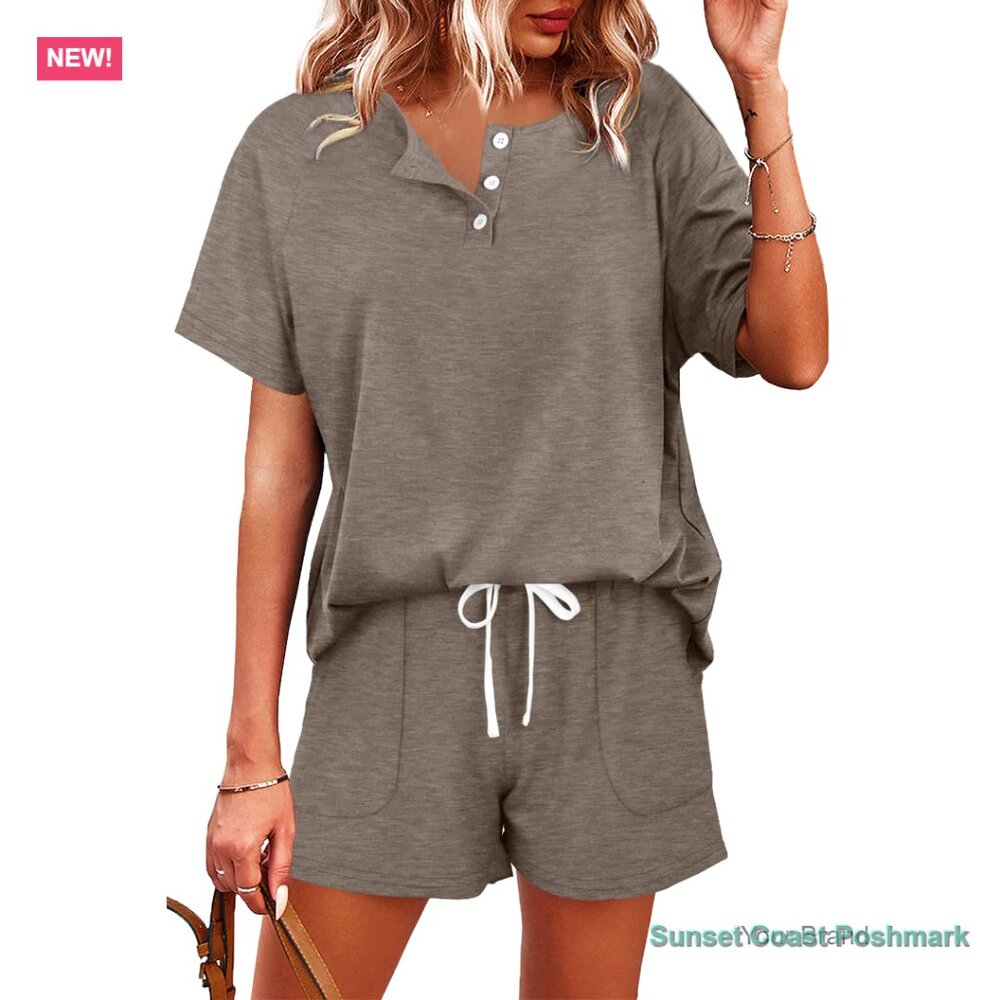 Khaki Brown Lounge Set with Popover Button Top and Shorts with Pockets Cozy New